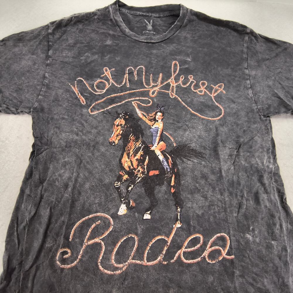 Playboy Not My First Rodeo Short Sleeve Crew Neck T Shirt Mens Size Large L Gray